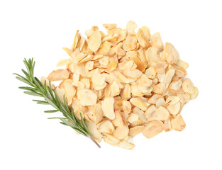 Pile of dried garlic flakes and rosemary isolated on white, top view