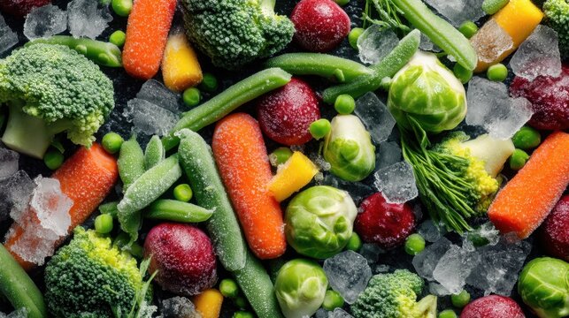 Frozen mixed vegetables with ice including broccoli carrots peas and brussels sprouts.