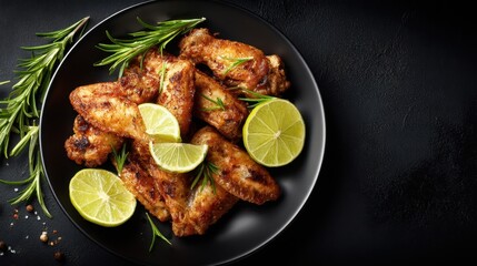 Crispy baked chicken wings with lime and rosemary garnish.