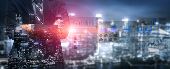 A confident businessman stands with crossed arms, showcasing a vibrant city skyline at night and dynamic data visualizations that highlight analytics and strategic growth. Gantry