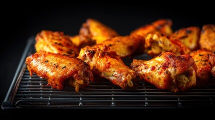 Spicy grilled chicken wings on cooling rack with charred texture.