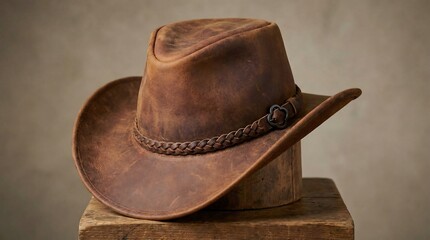 Classic distressed leather cowboy hat with braided hatband resting on a rustic wooden block