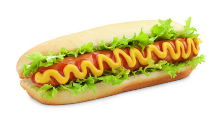 Tasty hot dog with ketchup, mustard and lettuce isolated on white