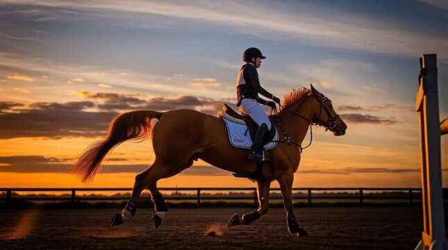 Professional Equestrian Show Jumping at Sunset, Female Rider on Horse Training in Outdoor Arena, Competitive Horse Riding Sport, Elegant Equine Performance, Golden Hour Action Scene
