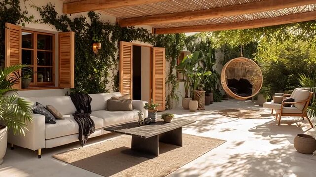 Sophisticated patio design with lush greenery, a cozy seating area and hanging chair offering an