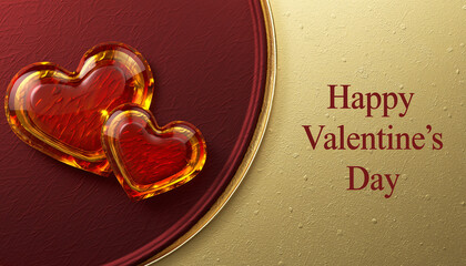 Piękne czerwono bursztynowe serca na stylowym czerwonym tle z  życzeniami walentynkowymi