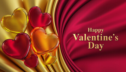 Piękne czerwono bursztynowe serca na stylowym czerwonym tle z  życzeniami walentynkowymi