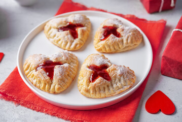 Strawberry jam puff heart cakes for Valentine's day holiday