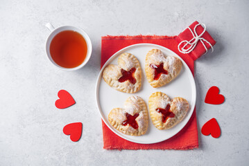 Strawberry jam puff heart cakes for Valentine's day holiday