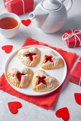 Strawberry jam puff heart cakes for Valentine's day holiday
