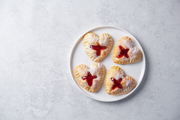 Strawberry jam puff heart cakes for Valentine's day holiday