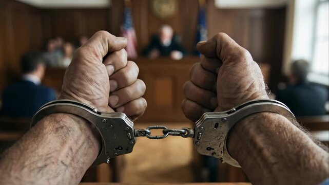 closeup hands in handcuffs courtroom scene, man seated at defendant bench, blurred judge and lawyers in background, worn wrists gripping chain, metal cuffs reflecting light, tense atmosphere, legal