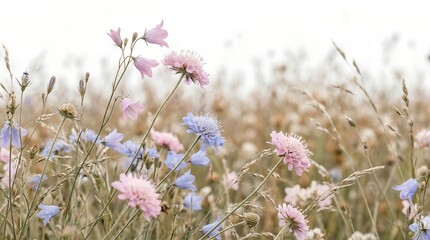 Delicate pastel wildflowers blooming gracefully in a sun-drenched meadow, evoking a sense of tranquil beauty and natural harmony