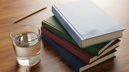 Naklejka premium A neatly arranged stack of colorful books sits beside a refreshing glass of water and a simple pencil, inviting readers to delve into the world of knowledge.
