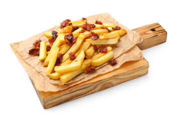Delicious French fries with bacon isolated on white