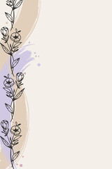 Minimal Floral Background with Lavender Brush Stroke and Line Art Flowers