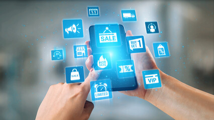 Sale and promotion icons with hot deal, discount tag, shopping bag, limited offer, coupon, VIP...