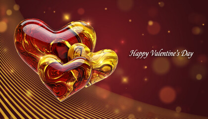 Piękne czerwono bursztynowe serca na stylowym czerwonym tle z  życzeniami walentynkowymi