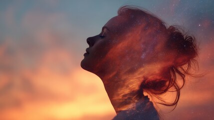 Dreamy silhouette: female in cosmic sunset blend.