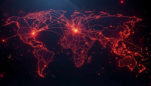 A glowing red vector graphic of a world map with connected lines and dots representing global networks and communication