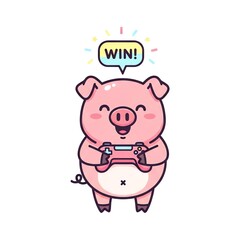 Cute Pig Gamer Wins Video Game Holding Controller.