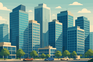 Fototapeta premium Vector sunlight illustration highlights modern streets soft glass skyscrapers vehicles cityscape facades