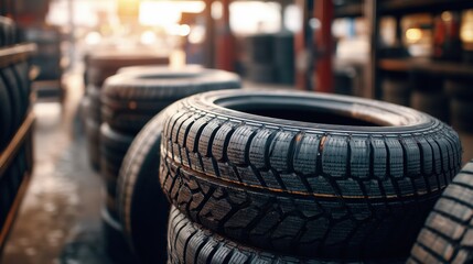 Used tires stacked at repair shop