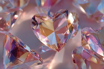 Sparkling pink heart shaped diamonds on pastel background