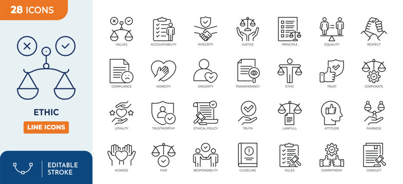 Ethic line editable icon set. Containing integrity, trust, values, responsibility, honesty, fairness, respect, transparency, icon set. Editable stroke. Vector illustration