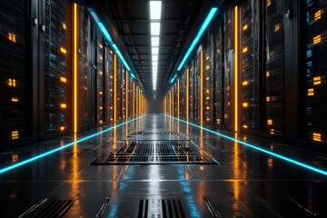 Dark data center corridor with illuminated server racks in blue and orange neon light, concept for cloud computing technology, digital infrastructure and AI networks