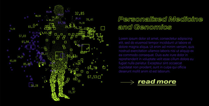 Cyber-futuristic data-pointillism vector illustration representing a personalized human genome map. Concept for personalized medicine, genomics-driven healthcare, precision therapy and DNA profiling.