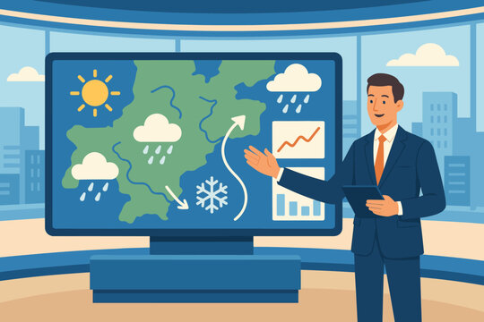 Snow meteorologist through presenting environment weather illustration sun tv studio broadcast cityscape
