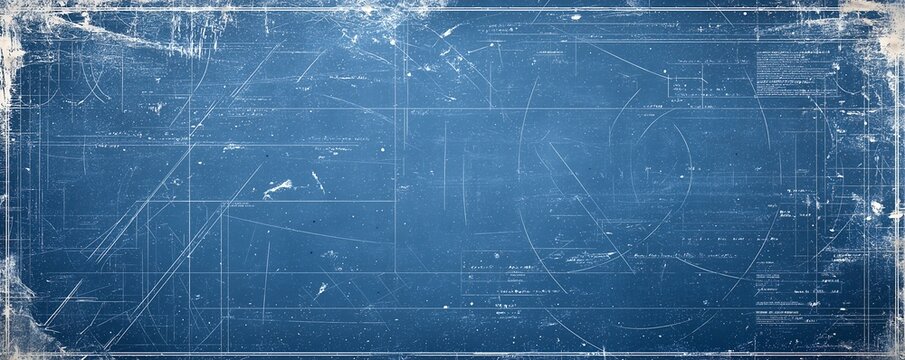 Blue vintage technical blueprint background texture with distressed white scratches and grunge edges, concept for engineering visualization, historical documentation and graphic design projects