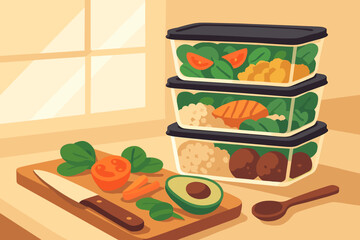 Obraz premium Proteins knife salads prep filled ingredients containers grains view illustration meal vector