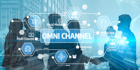 Business professionals discuss omni channel marketing strategies amid modern digital technology symbols, emphasizing collaboration and innovation in urban settings. Tessel