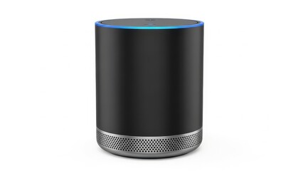 Smart speaker with blue light ring on top in clean studio lighting on white background for technology.