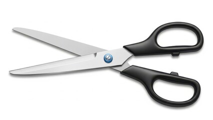Fototapeta premium Open scissors with black handles in clean bright lighting on white background for crafting and office supplies.