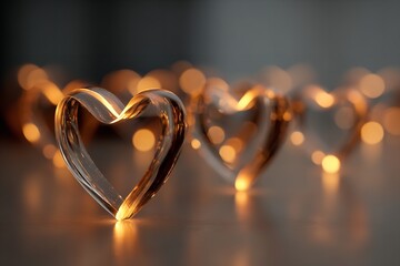 Glowing glass hearts on reflective surface with warm bokeh lights background