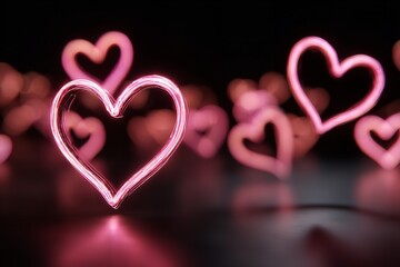 Neon heart symbols in pink and blue glowing on dark background