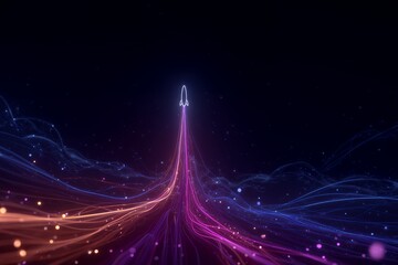 Neon rocket launching through vibrant digital data streams on a dark background symbolizing speed and growth, concept for successful business start, technology development and communication network