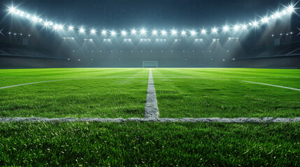 Stadium's Green Glory: The grand expanse of a football field glistens under the bright stadium lights, beckoning players and spectators alike. A perfect scene of sports.