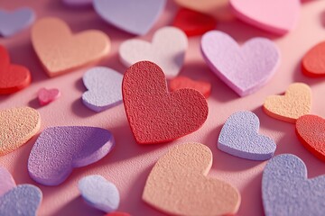 Colorful hearts scattered on pink background for Valentine's Day