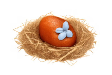 Nest with an orange egg and blue flower