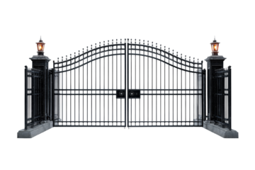Ornate Black Metal Double Gate with Lamp Posts