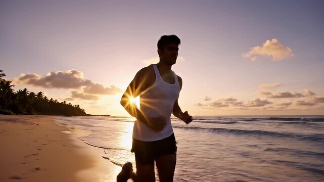 Running on Beach During Sunset for Fitness and Relaxation.