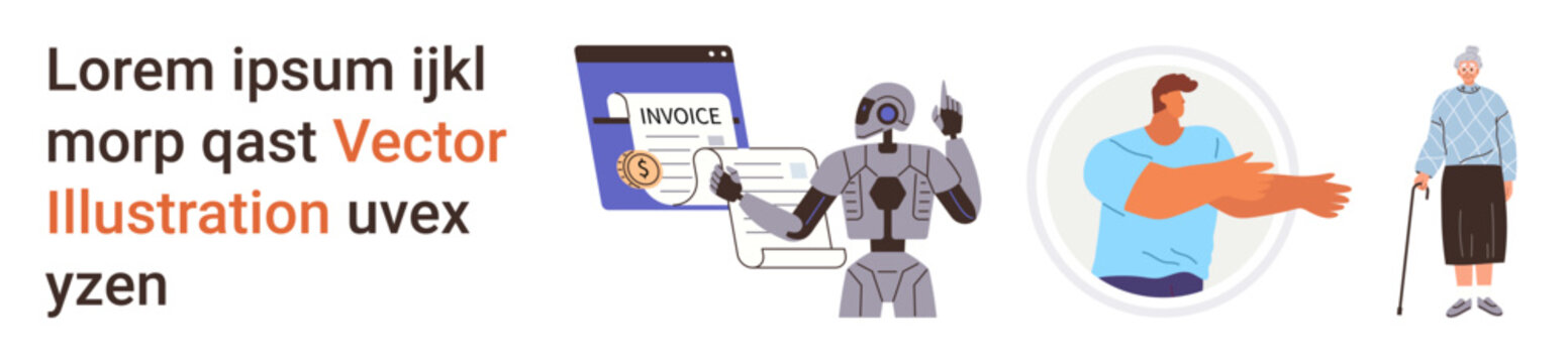 Automation, communication, senior care, robotics, human interaction, technology. Robot analyzing an invoice, a man gesturing an elderly person with a cane. Automation and communication illustrated