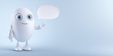 Obraz premium Friendly cartoon robot character with large expressive eyes, standing against a soft blue background, holding a speech bubble, representing communication and technology concepts
