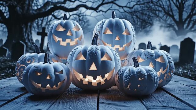 Eerie Halloween Scene with Glowing Jack-o -Lanterns in a Misty Graveyard - Spooky Autumn Night Celebration and Festive Decoration Concept