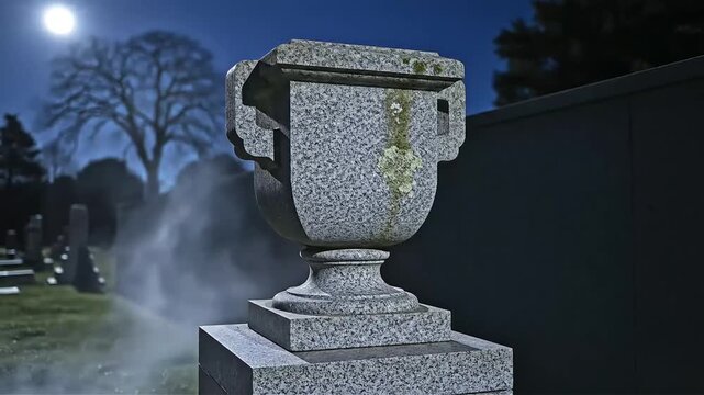 Eerie Stone Urn in a Moonlit Cemetery - Atmospheric Night Scene with Tombstones and Mist for Halloween Gothic Design or Memorial Concepts