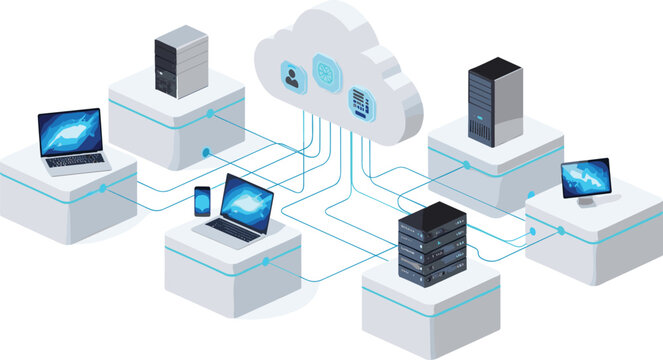Modern isometric concept of a centralized cloud network facilitating seamless data exchange and synchronization across various digital devices and server systems